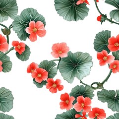 Fototapeta premium Delicate floral pattern with vibrant blossoms and foliage.