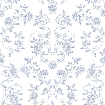 Seamless toile-style pattern with vintage roses and delicate blue vines on  white background.