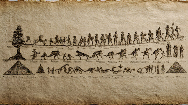 Human Evolution Timeline on Antique Parchment Paper