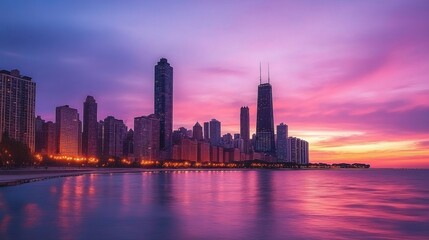 Fototapeta premium Stunning Sunset Over Chicago Skyline with Colorful Sky Reflections