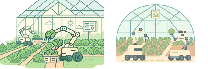 Agricultural robots working in a greenhouse to harvest and manage crops efficiently
