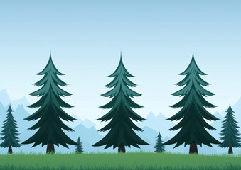 Obraz premium Tall evergreen trees stand majestically against serene blue sky, creating peaceful forest scene with mountains in background