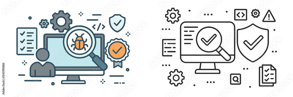 Poster digital security and software testing concepts illustrated through detailed graphics