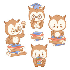 Wise Owl collection. Cute bird with graduation cap and Glasses and books. Isolated funny graduate kawaii character. Vector illustration. Kids collection