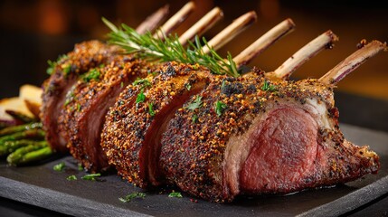 Rack of lamb with bone ends exposed and crusted seasoning