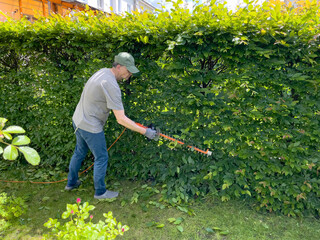 Man trimming bushes with electric hedge trimmer, hedge saw. Gardening and tidying up. Nature and...