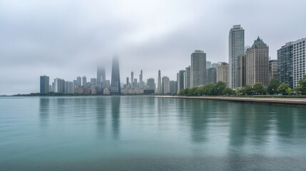 Fototapeta premium Misty Cityscape of Chicago with Skyscrapers and Calm Water