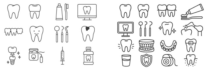 Dental care icons illustrating oral hygiene tools, treatments, and preventive practices in a simple design layout