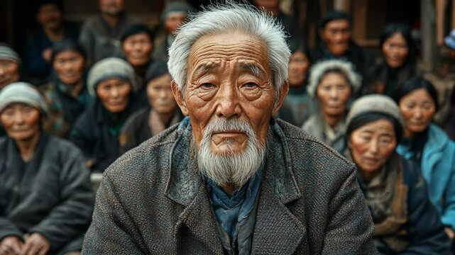 Portrait of a weathered elder, gazing intently, surrounded by a village community.