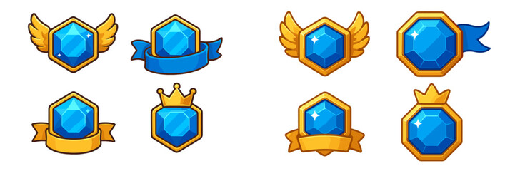 A collection of diverse blue gemstone badges arranged in different styles