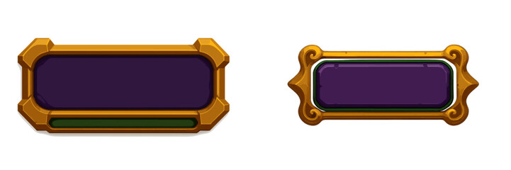 Decorative UI banners designed for video game interfaces showcasing vibrant colors and unique shapes on a white background