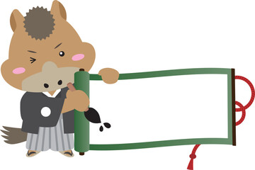 筆を持った午年の馬キャラクターと白紙の巻物フレーム