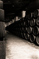 Stacks of Fino and Sherry Wine Barrels in a Cellar. Jerez de la Frontera, Andalusia, Spain, 2025...