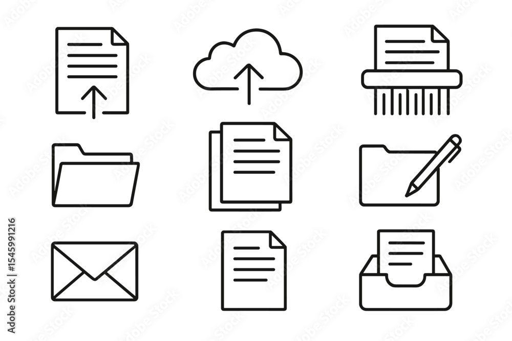Poster digital document management icons for cloud storage, organization, and communication in a minimalist