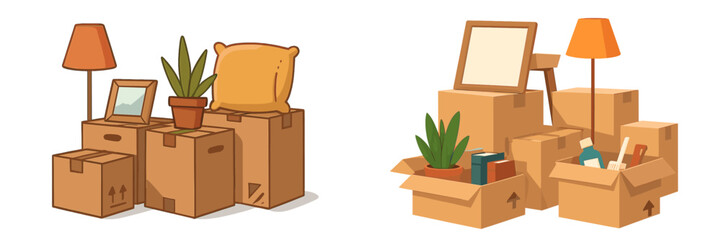 Moving day preparations with cardboard boxes and home decor items on display in a bright room setting