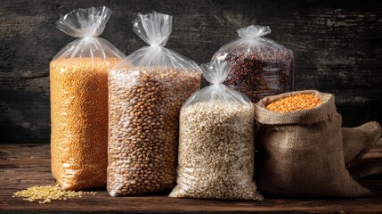 Transparent bags filled with millet, wheat, and lentils stacked on burlap sacks in a rustic setting