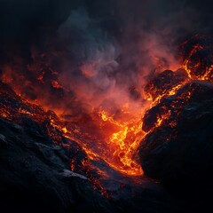 Glowing magma textures molten contrast, Fiery Lava Eruption with Rolling Smoke and Dark Rock Formation .