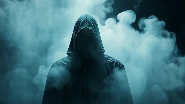 Mysterious hooded man standing in thick smoke on a dark background, cinematic suspense