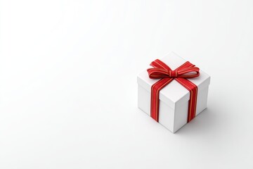 Elegant White Gift Box with Red Ribbon and Bow on a Minimalist White Background Perfect for Holidays, Celebrations, and Special Occasions