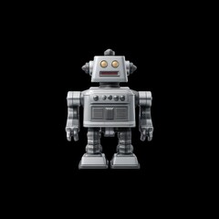 Vintage toy robot with metallic silver finish, featuring geometric design and no facial expressions, stands against black background, evoking nostalgia and curiosity