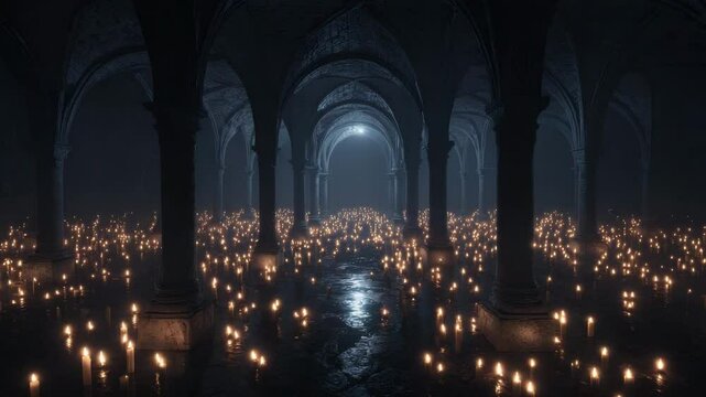 Gothic Cathedral Interior Filled with Candlelight
