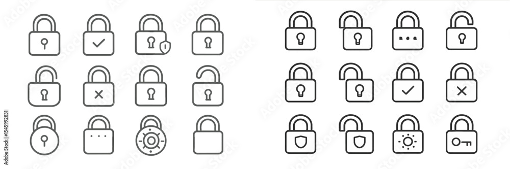 Poster collection of lock icons featuring various designs and states including open and closed variations