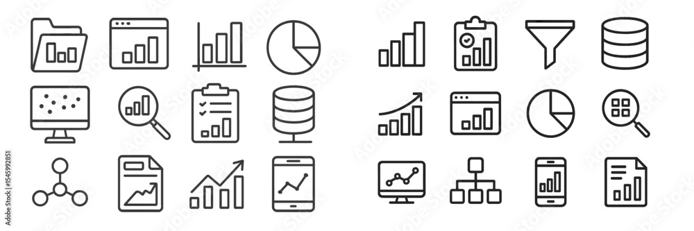 Poster graphs and charts illustrating data analysis concepts in minimal design style