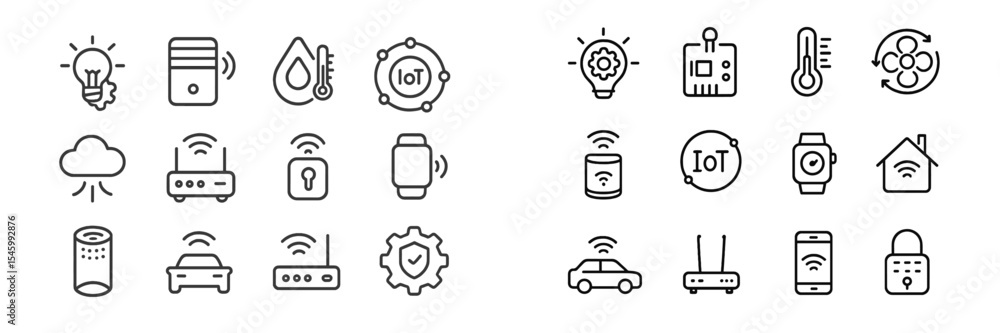 Aufkleber icons representing various internet of things devices and connectivity technologies in a clean and o