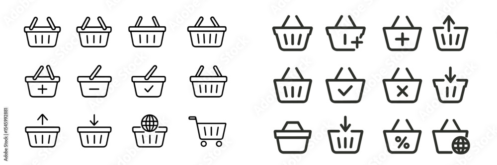 Poster collection of minimalist shopping basket icons designed for digital interfaces and applications focu