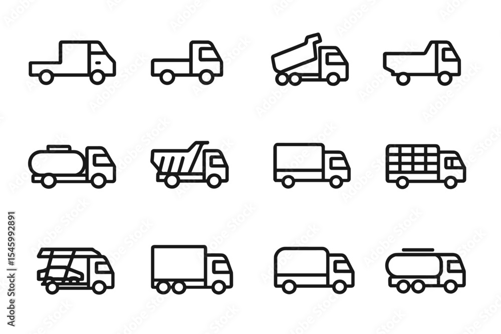 Poster various types of trucks depicted in a simple and clear line art style for easy identification and un