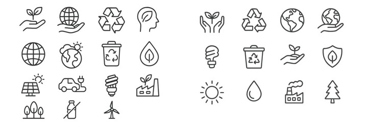 Diverse symbols representing environmental sustainability, recycling, and renewable energy sources in a minimalist design