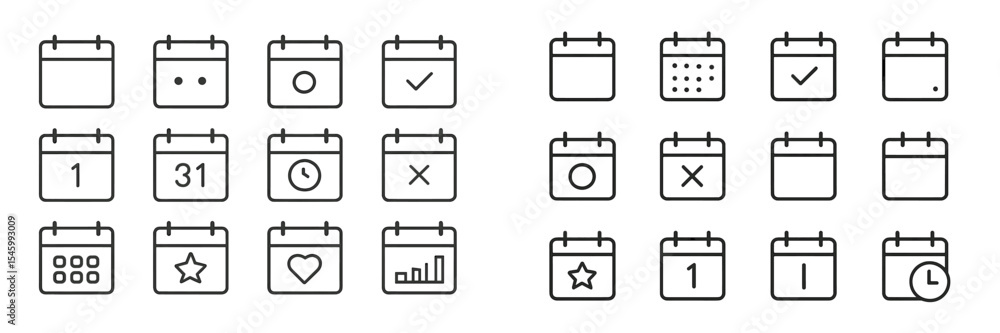 Poster collection of various calendar icons showcasing different features and designs suitable for app and 