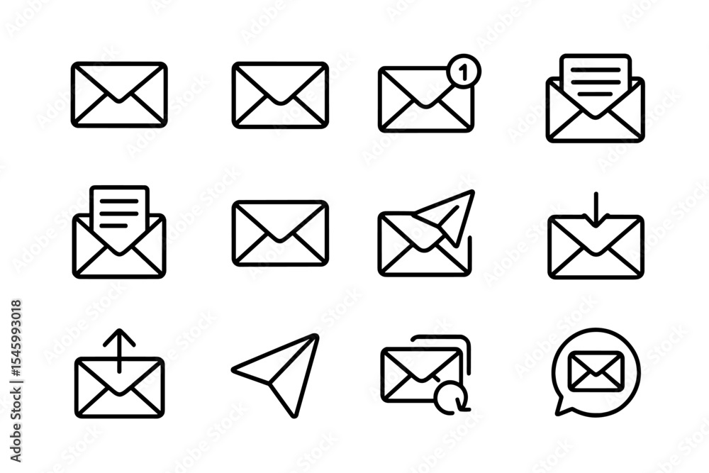 Poster collection of minimalistic envelope icons for digital communication and messaging applications