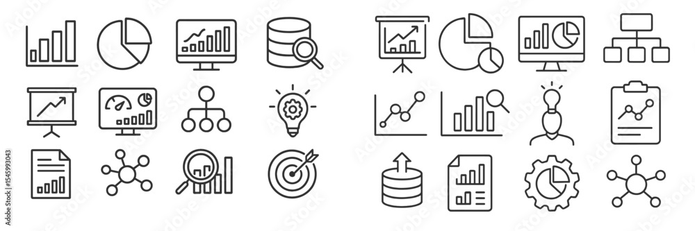 Aufkleber data visualization icons depicting analytics, graphs, and statistics for business intelligence and r