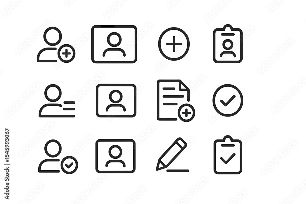Poster collection of simple icons representing user profiles and registration tasks in a digital environmen