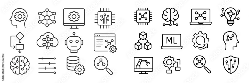 Fototapete collection of line art icons illustrating concepts related to artificial intelligence, data analysis