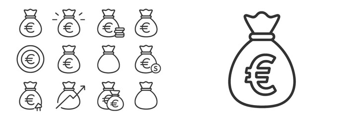 Money bag icons in various styles showing currency symbols and financial themes for use in branding and design projects