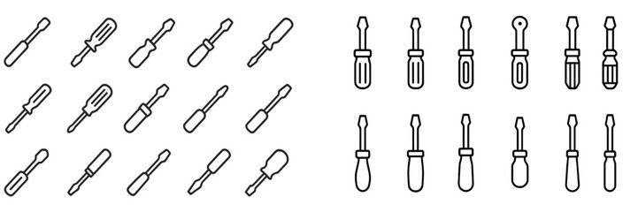 Various designs of screwdrivers arranged in a grid pattern showcasing their distinct shapes and sizes for tool enthusiasts