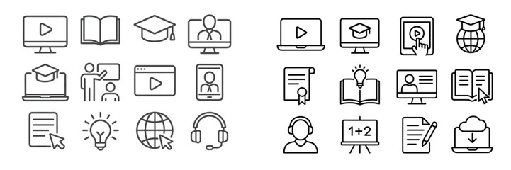 Digital education icons representing learning activities, online courses, and various educational resources in a modern setting