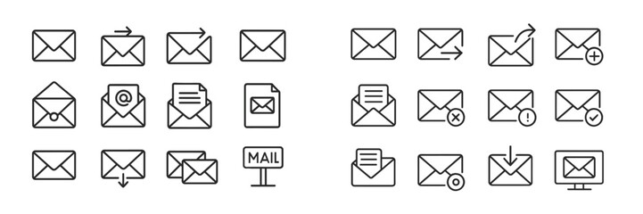 Collection of envelope icons representing various email functions and actions in minimalistic design