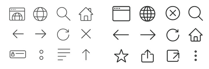 Set of minimalist interface icons representing various web actions and navigation elements in a clean design layout