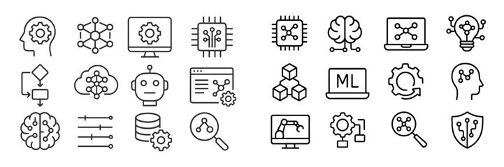 Collection of line art icons illustrating concepts related to artificial intelligence, data analysis, and machine learning
