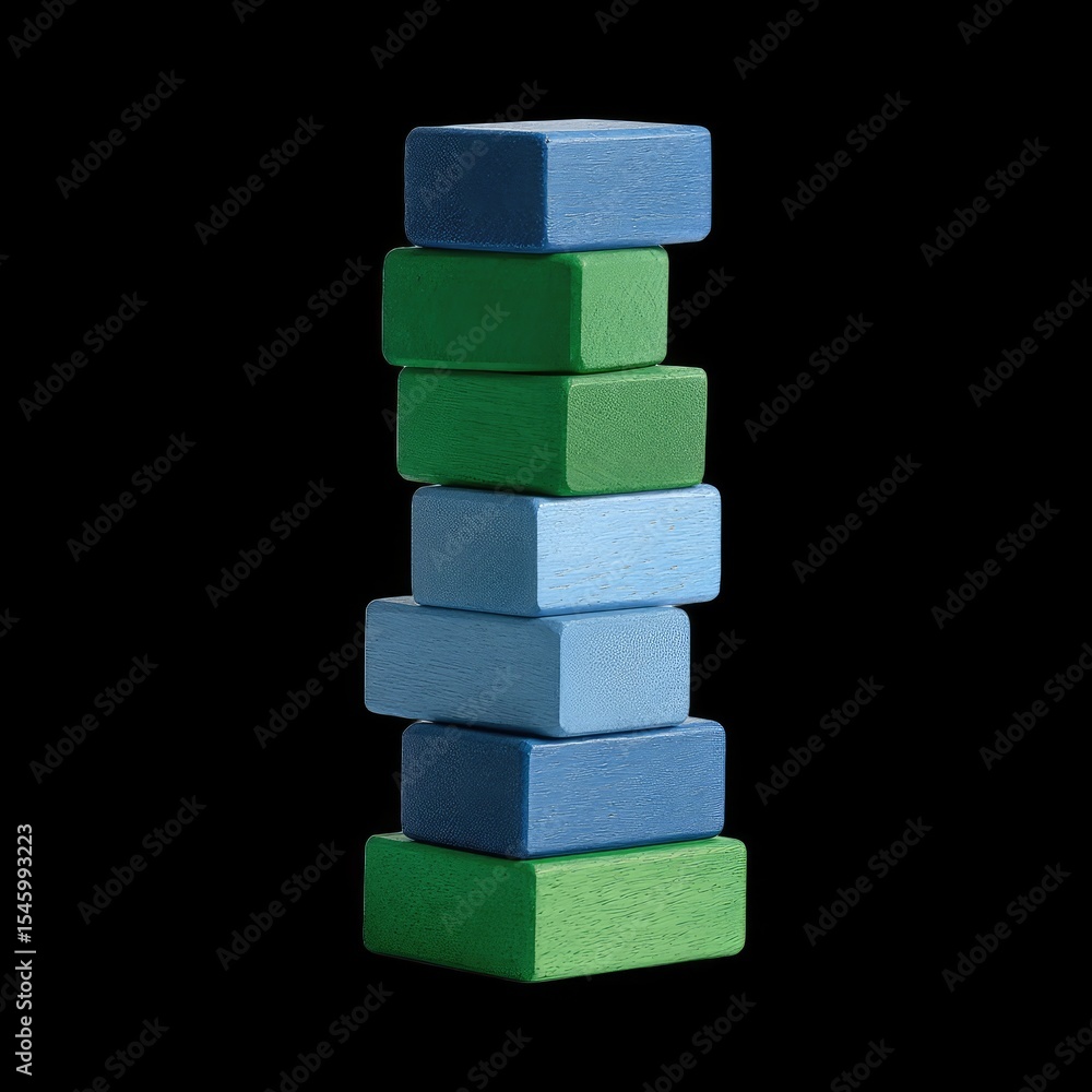 Poster stacked blue and green building blocks create visually appealing structure against black background,
