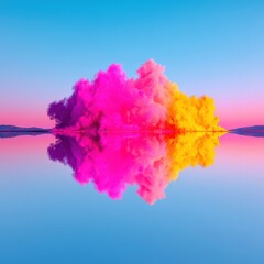 A colorful cloud of smoke is reflected in the water