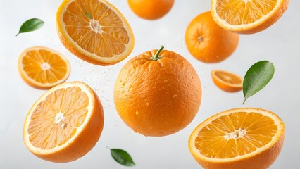Sliced and whole oranges suspended in midair isolated on transparent background.