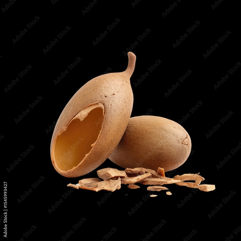 Aufkleber broken tamarind shell with fragments surrounding it, showcasing natural texture and color of shell. 