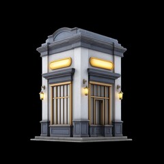 Obraz premium Classic pub building with illuminated windows, featuring elegant architectural details and warm lighting that creates welcoming atmosphere. This structure embodies charm of nightlife