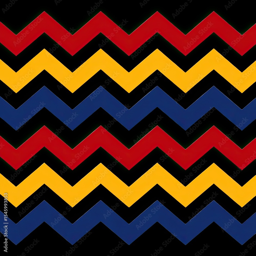 Poster bold zigzag patterns in vibrant colors create striking visual effect against black background, evoki