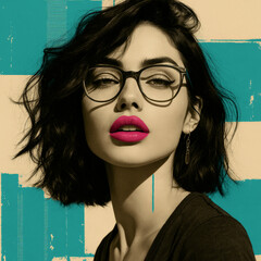 Glamorous Woman with Bold Lipstick and Glasses on Colorful Geometric Background