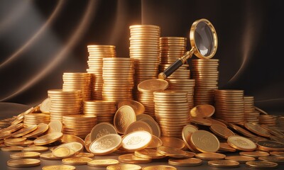 Stacks of coins and magnifying glass